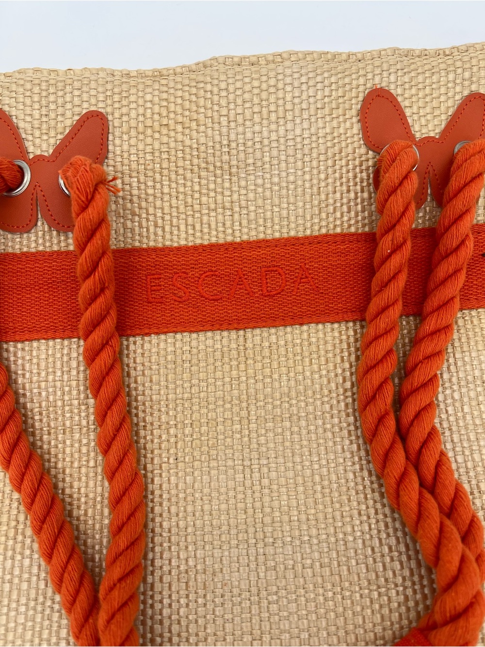 Escada Beige Straw Tote with Orange Rope Handles